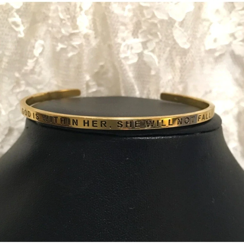 Inspirational Christian Quote Cuff Bracelet Thin Gold Tone Elegant Minimalist